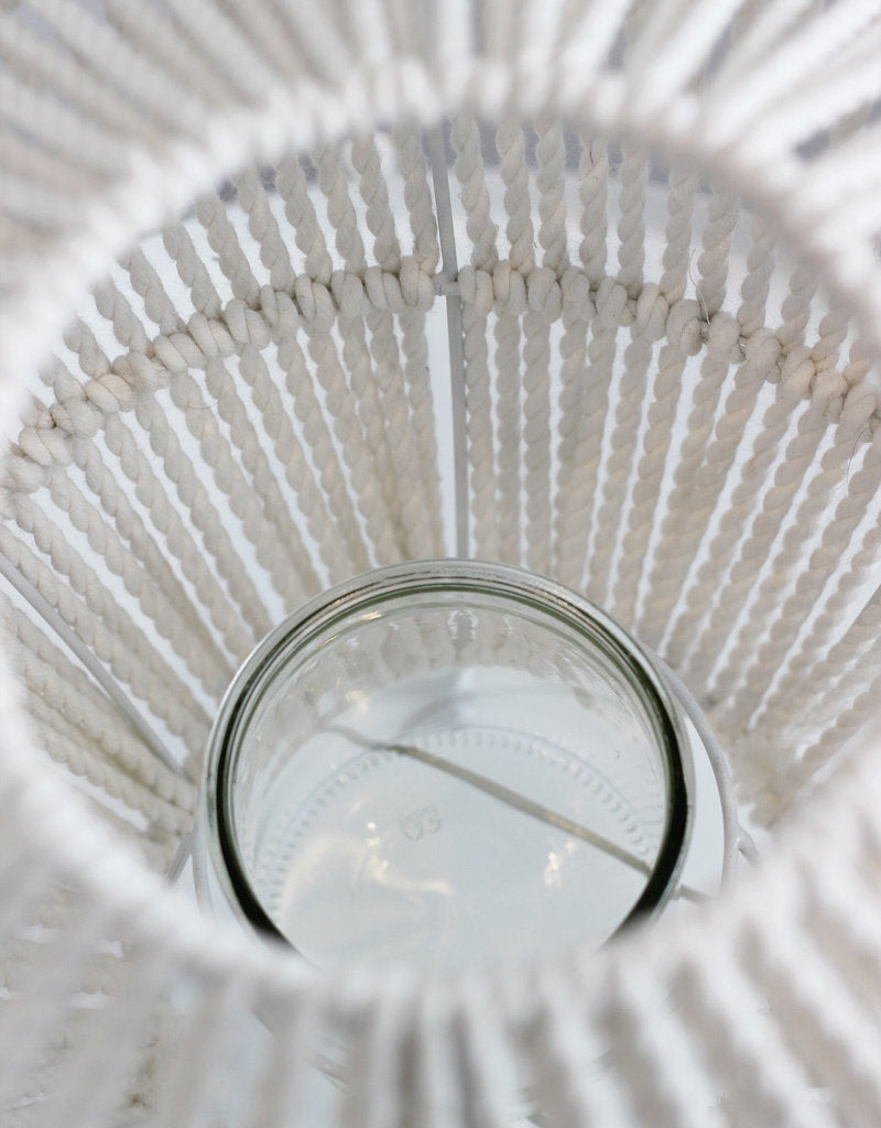 White Rope & Metal Frame Candle Lantern - Incl. Candle Glass