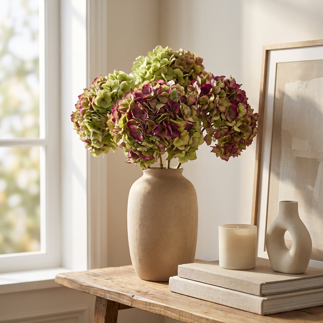 Preserved Hydrangea - Green/Violet bunch, 40cm