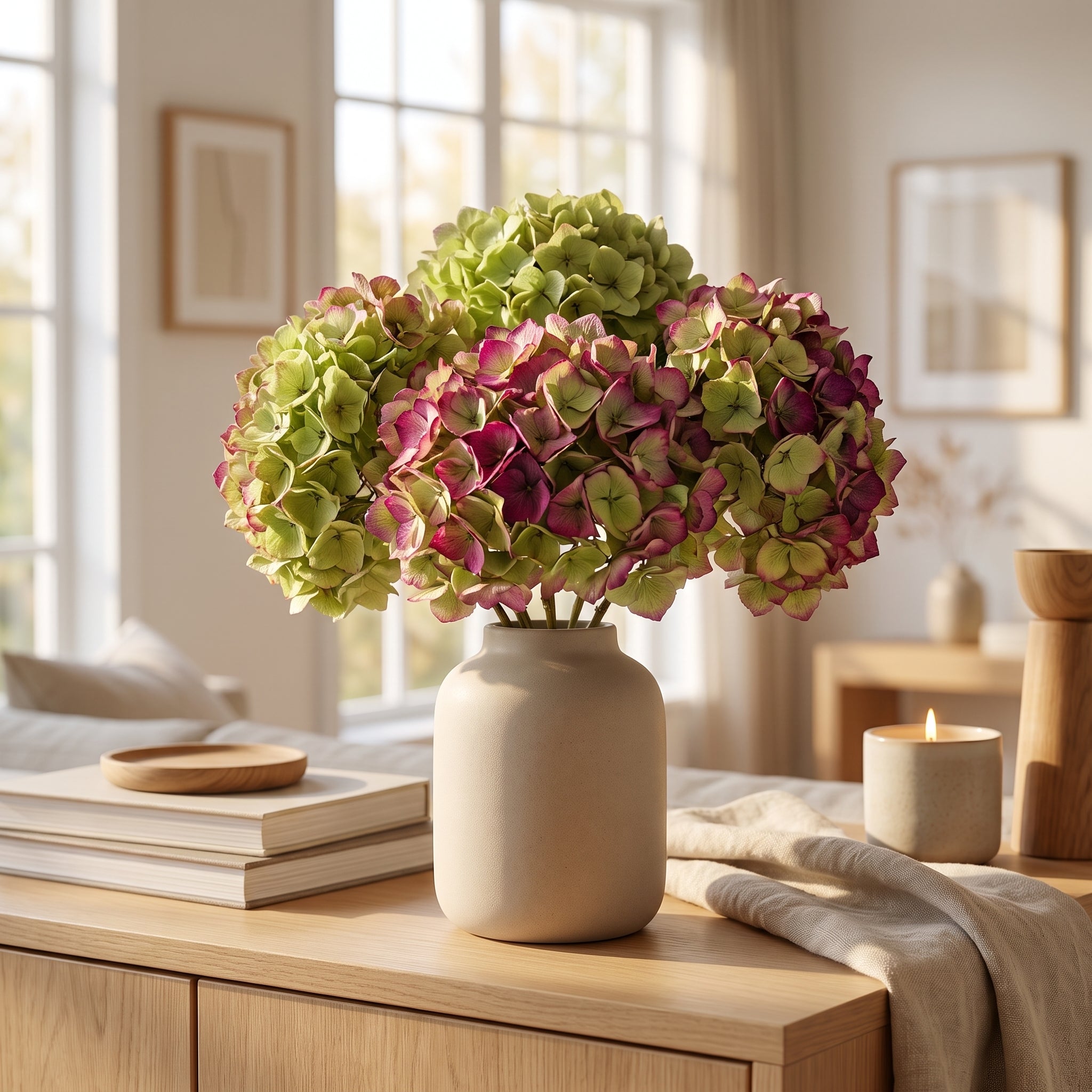 Preserved Hydrangea - Green/Violet bunch, 40cm