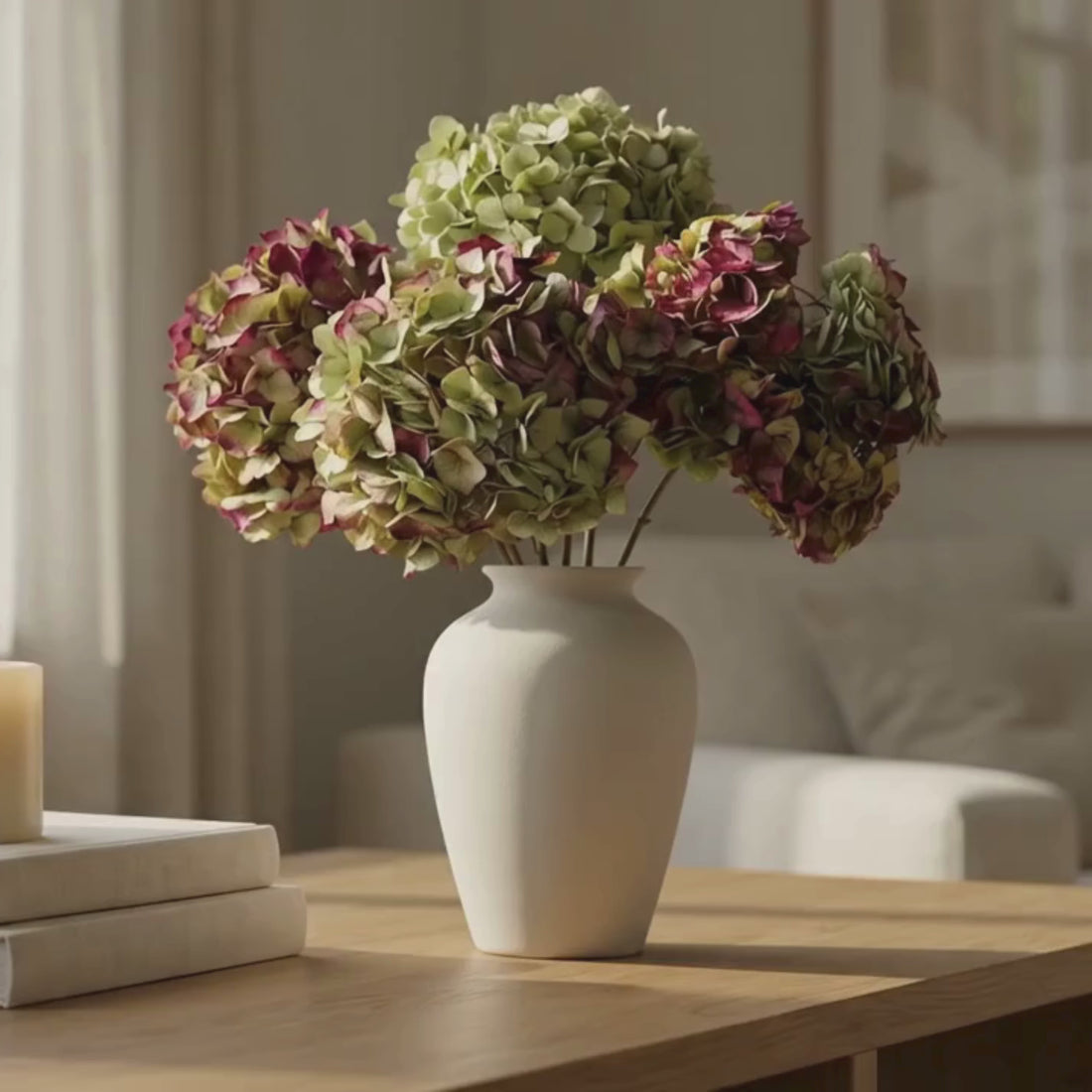 Preserved Hydrangea - Green/Violet bunch, 40cm