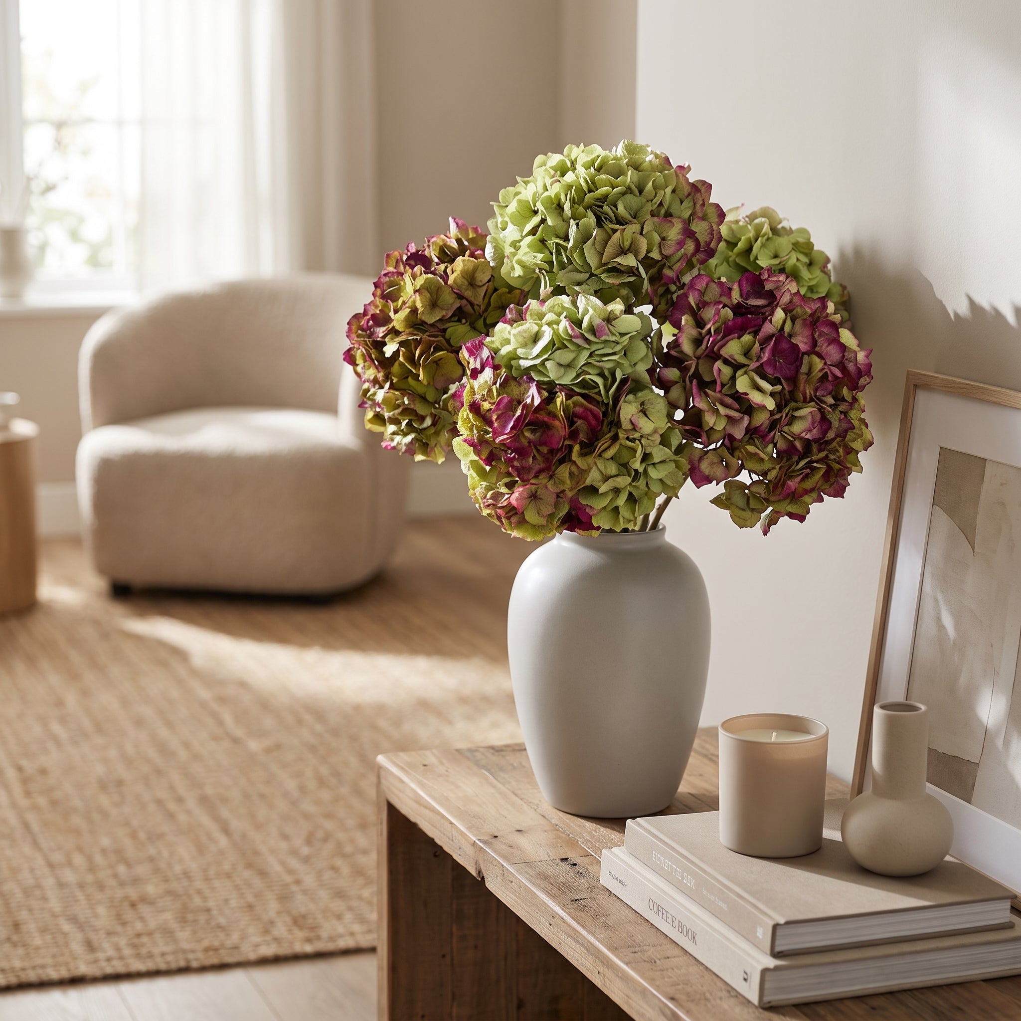 Preserved Hydrangea - Green/Violet bunch, 40cm