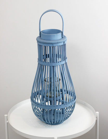 Blue Wicker Candle Lantern - Incl. Candle Glass, 45 cm